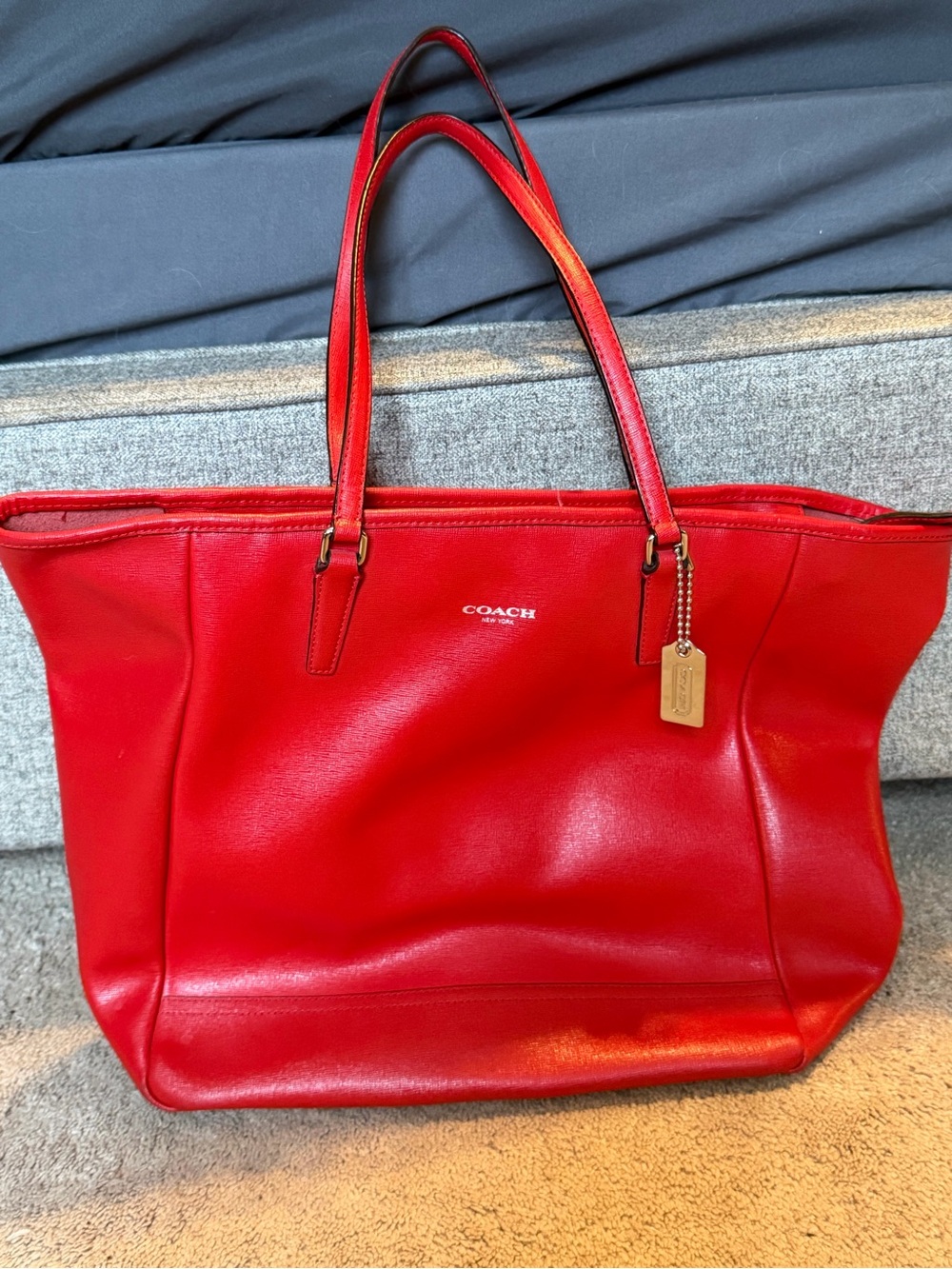 Coach Red Leather Shoulder Tote with Branded Tag